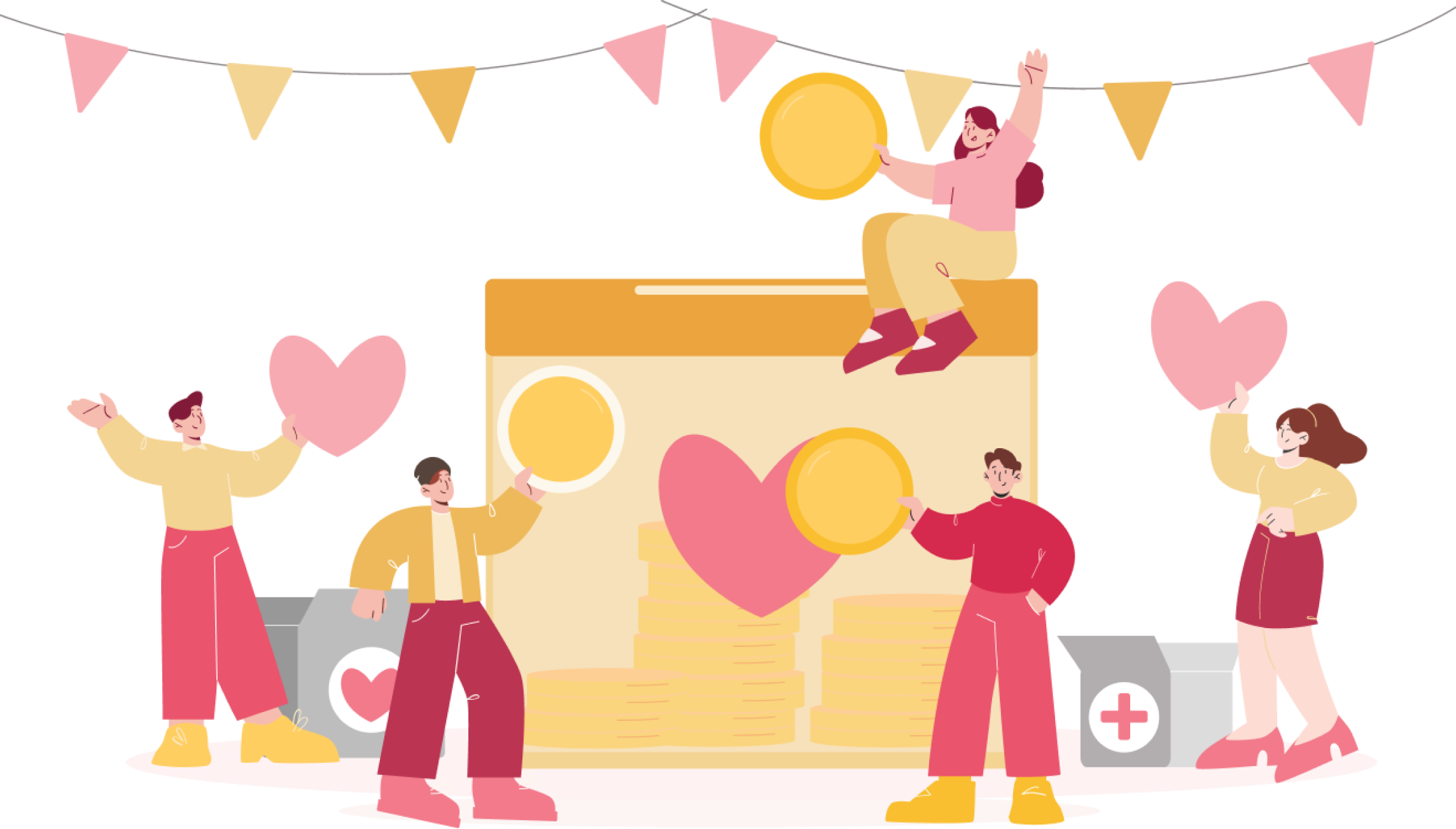 People participating in charity activities like planting, painting, and donating.